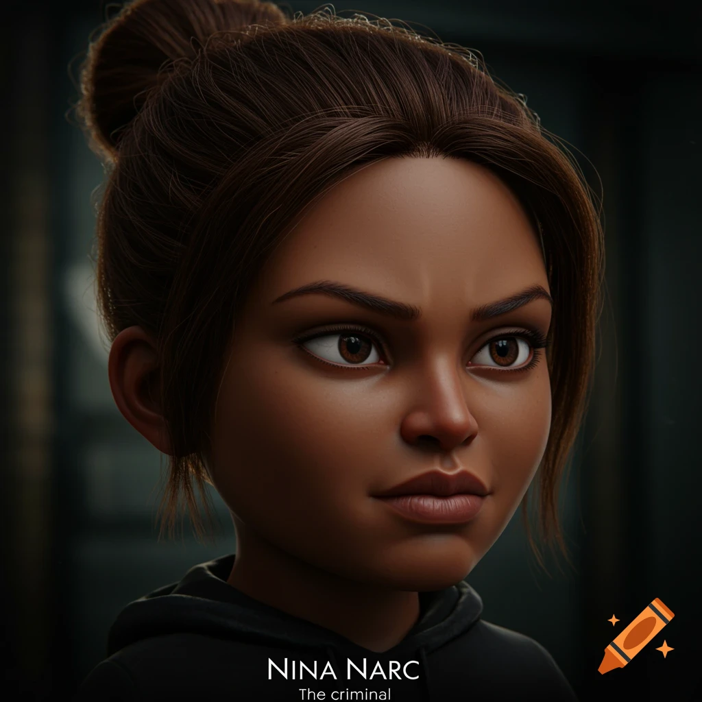 Stylized portrait of Nina Narc, a young person with dark skin and brown hair in a bun.