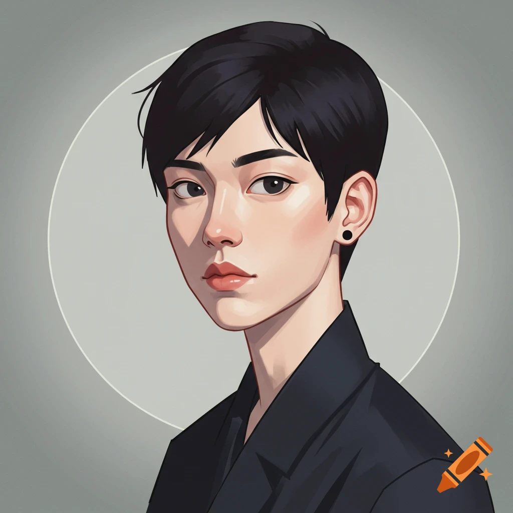 Stylized portrait of a young person with short black hair in a modern minimalist style.