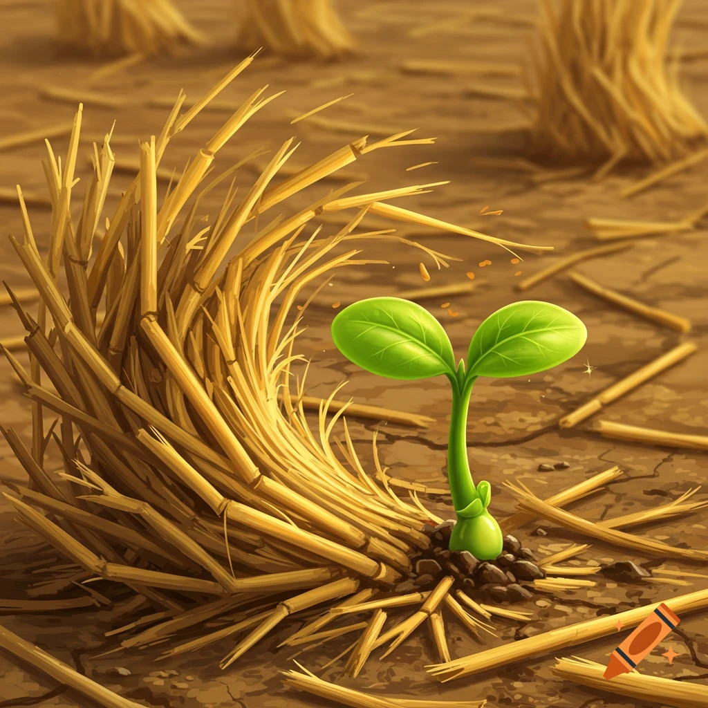 A green seedling grows next to a pile of golden straw in a field.
