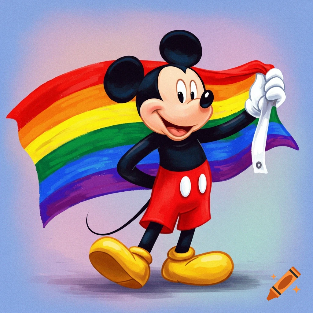 Cartoon illustration of Mickey Mouse holding a rainbow pride flag