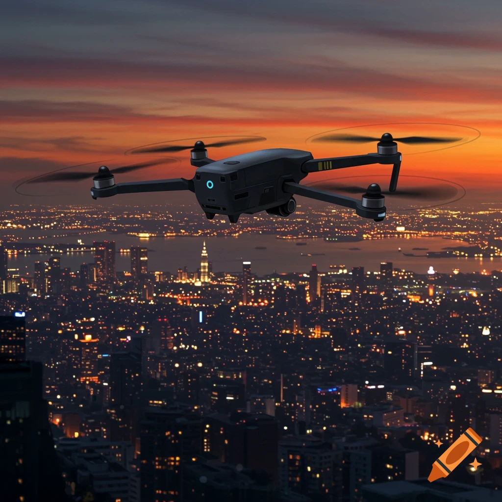 A black drone flies over a brightly lit city skyline at sunset.