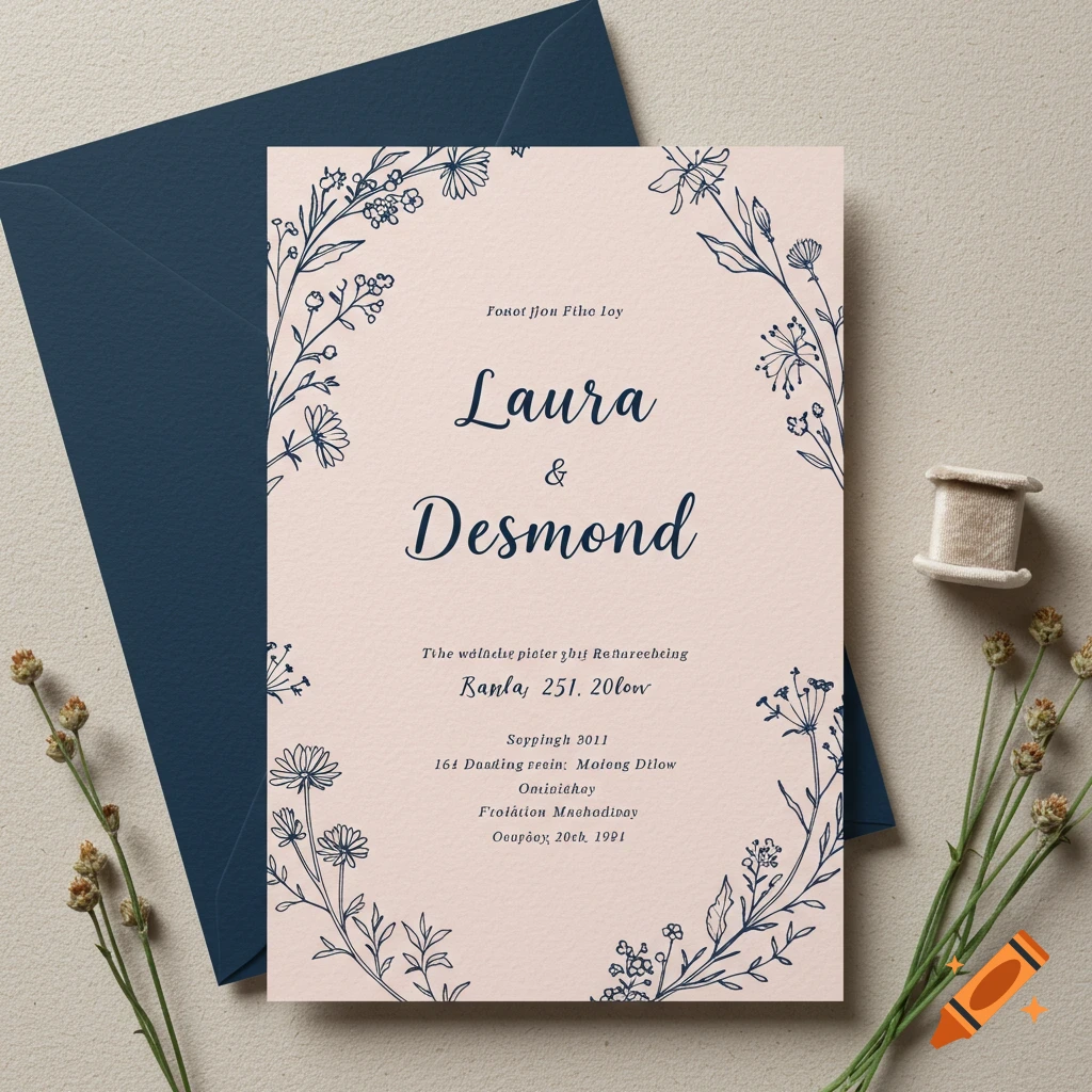 Minimalist wedding invitation card for Laura and Desmond with floral border, envelope, and sprigs.