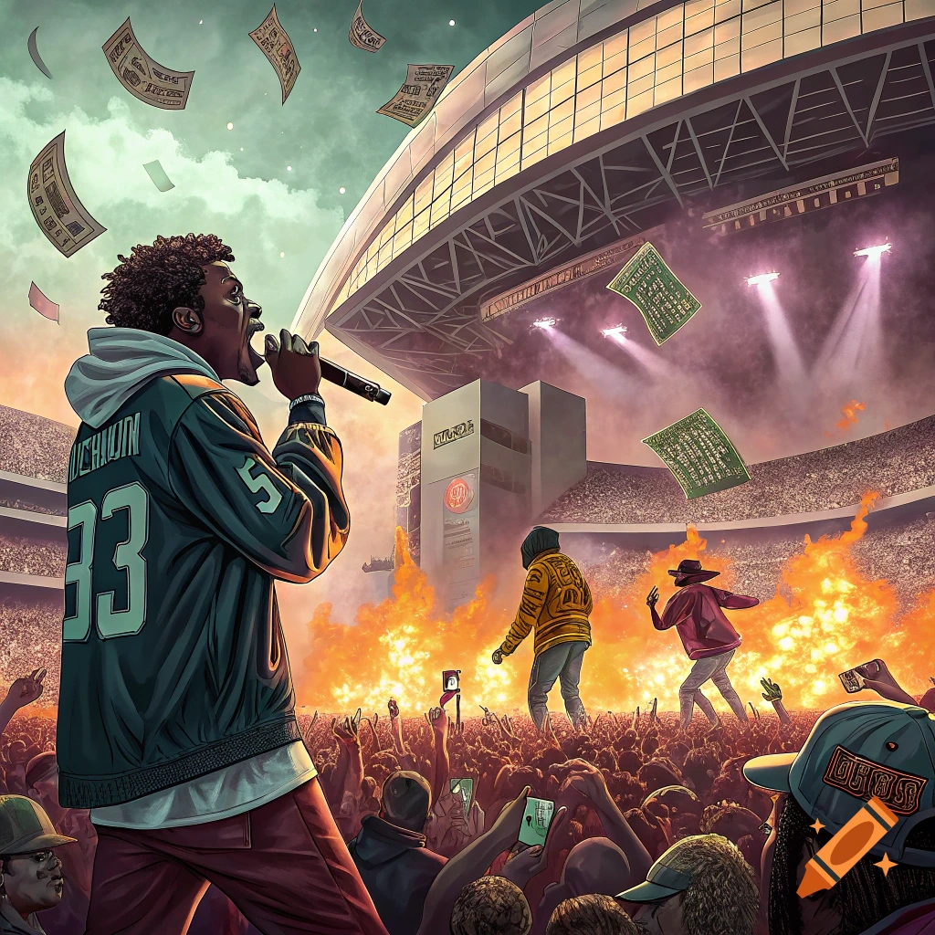 Digital art illustration of a rapper performing at a stadium concert with flying money and pyrotechnics before a large crowd.