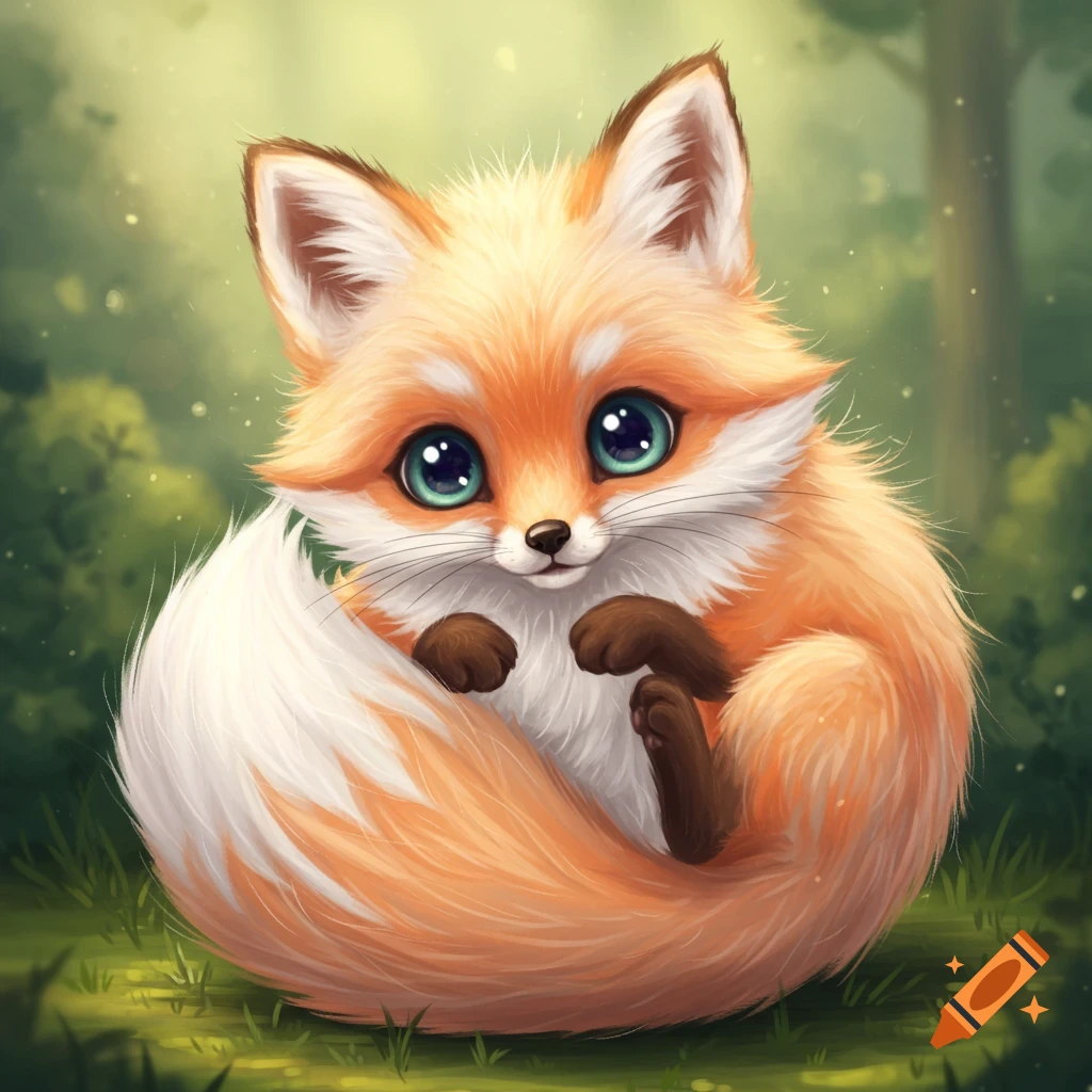 A cute, fluffy orange fox with large blue eyes sits in the grass in a forest.