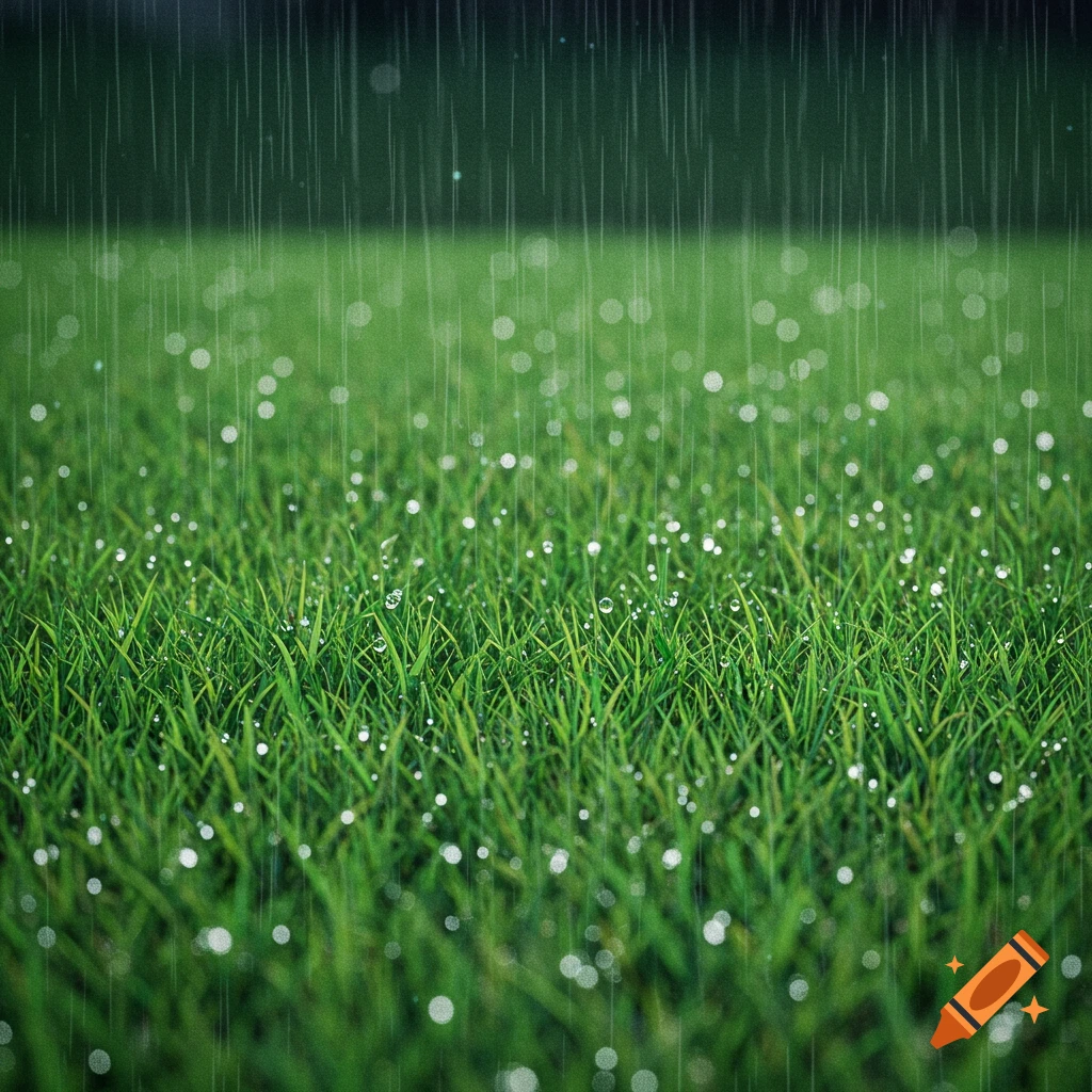 Close-up view of green grass covered in raindrops during a rain shower.