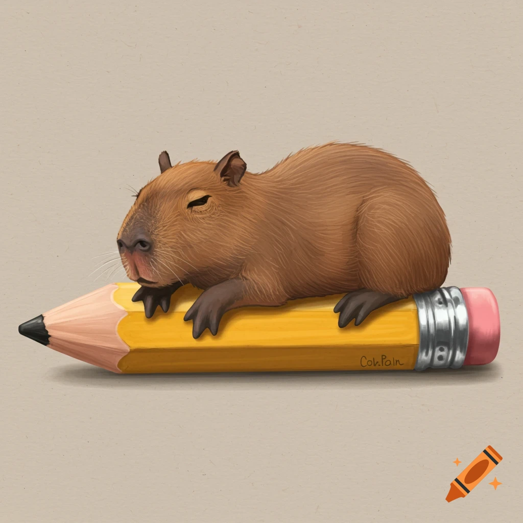 An illustration of a capybara laying on a giant yellow pencil.