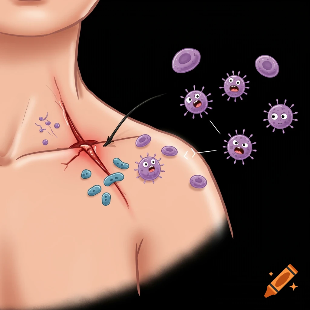 Cartoon illustration of germs entering a cut on the skin with blood cells