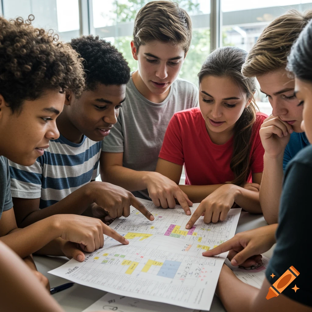 Group of teenagers pointing at a document, like a rubric or schedule