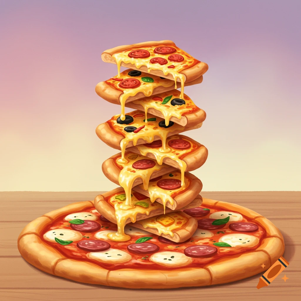 Illustration of a stack of pizza slices with dripping cheese on a whole pizza.