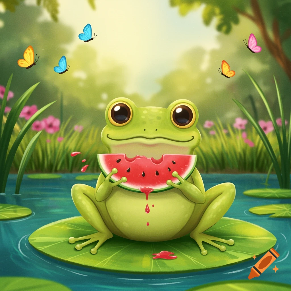 A cartoon frog with big eyes sits on a lily pad in a pond, eating a slice of watermelon, with butterflies flying nearby.