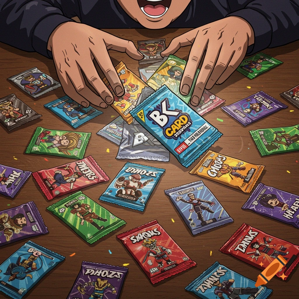Stylized illustration of hands opening trading card packs spread across a table.
