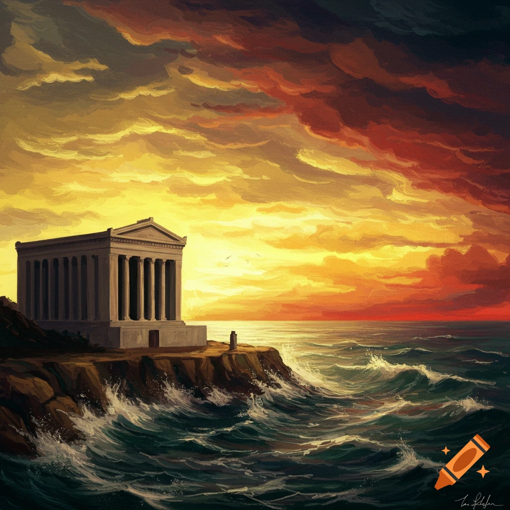 Painterly landscape of a classical temple on a cliff overlooking a stormy sea with a dramatic sunset sky.