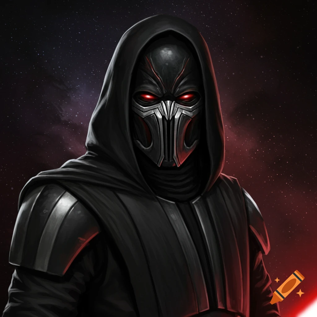 A mysterious figure in a black hooded robe and mask with glowing red eyes holds a red lightsaber against a starry background.