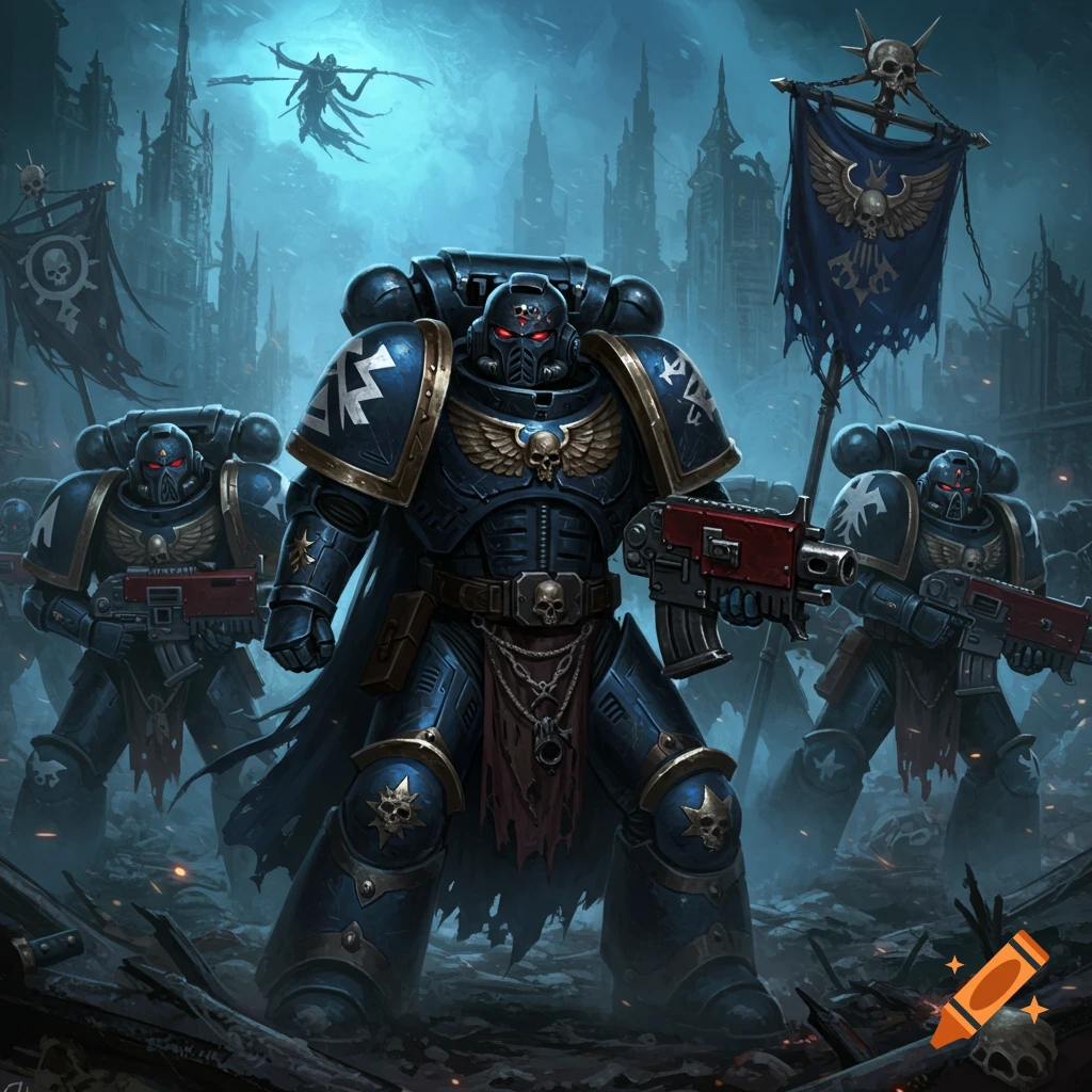 Warhammer 40k Space Marines stand in a ruined city with banners.