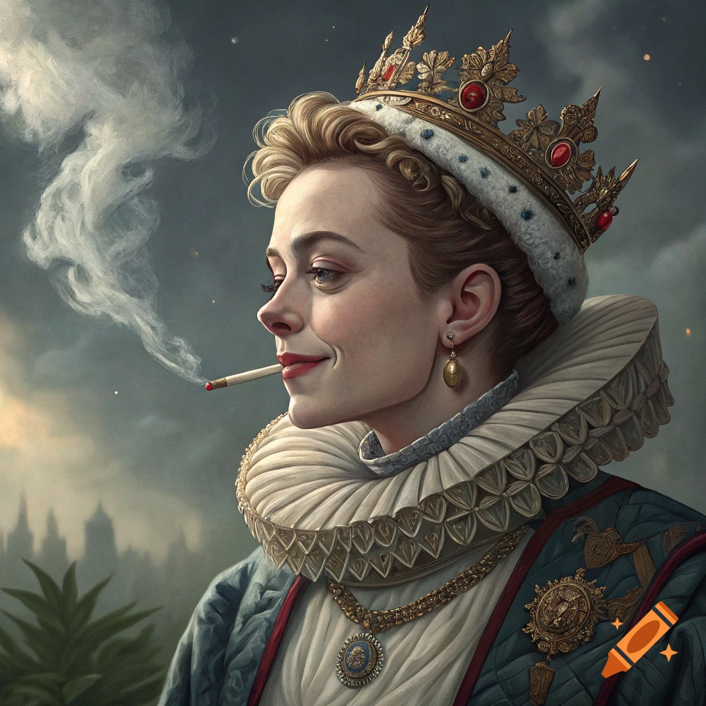 Portrait of woman in Tudor gown and crown smoking a cigarette