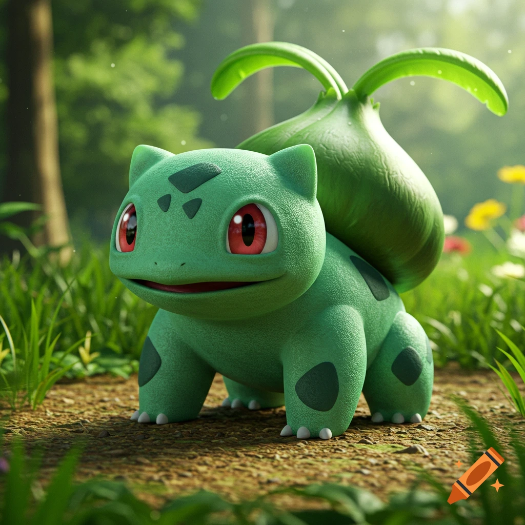 A 3D rendered Bulbasaur stands in a forest.
