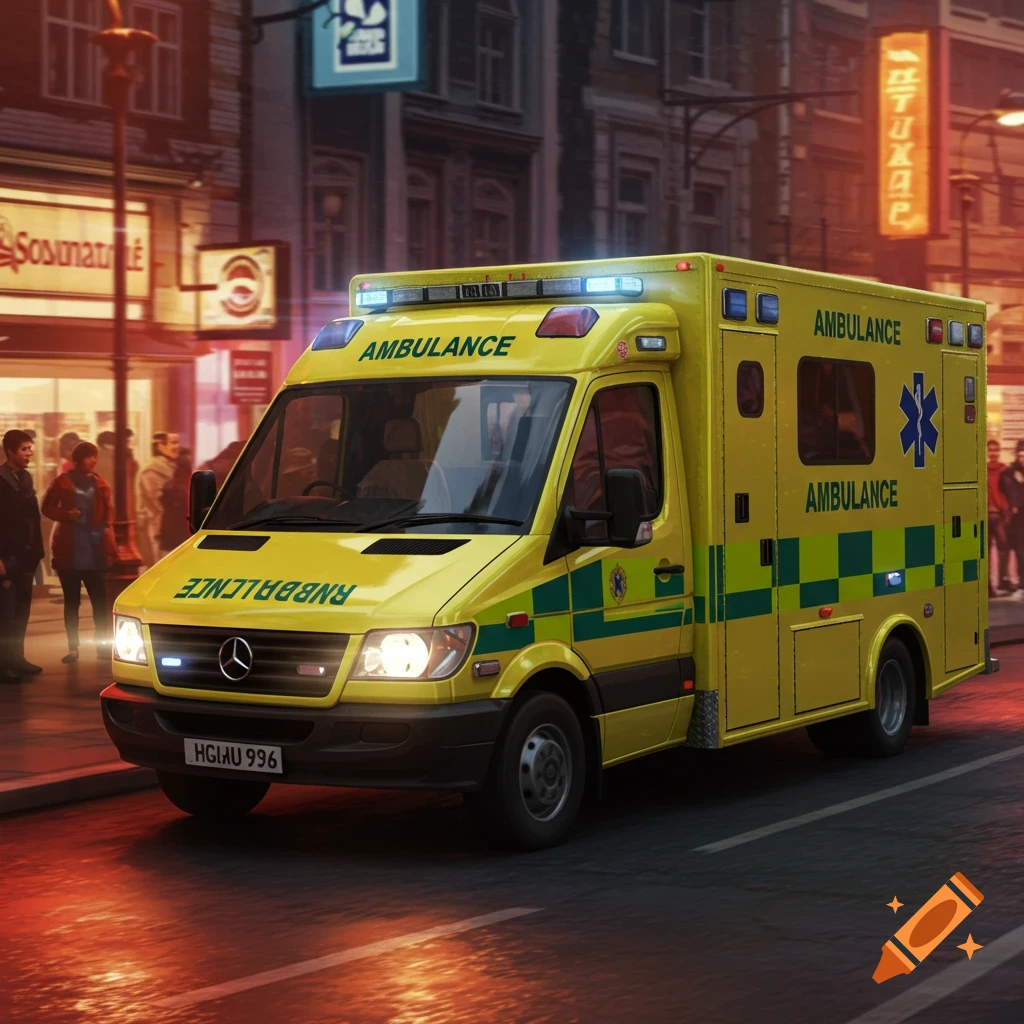A yellow ambulance with flashing lights drives down a street at night.