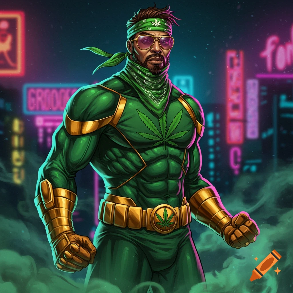 Comic art illustration of a superhero in a green and gold cannabis leaf costume, bandana, and sunglasses, standing in a neon cityscape.