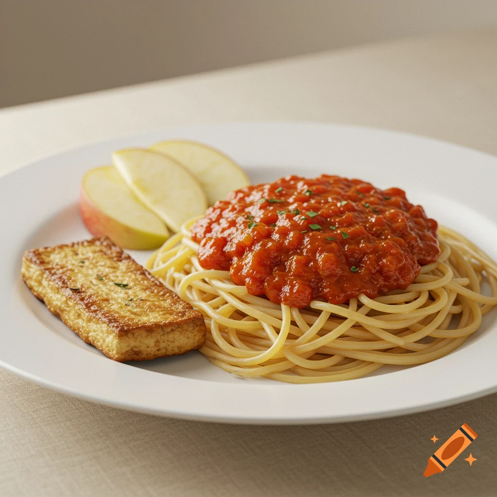A plate of spaghetti with marinara sauce, a piece of tofu, and apple slices.