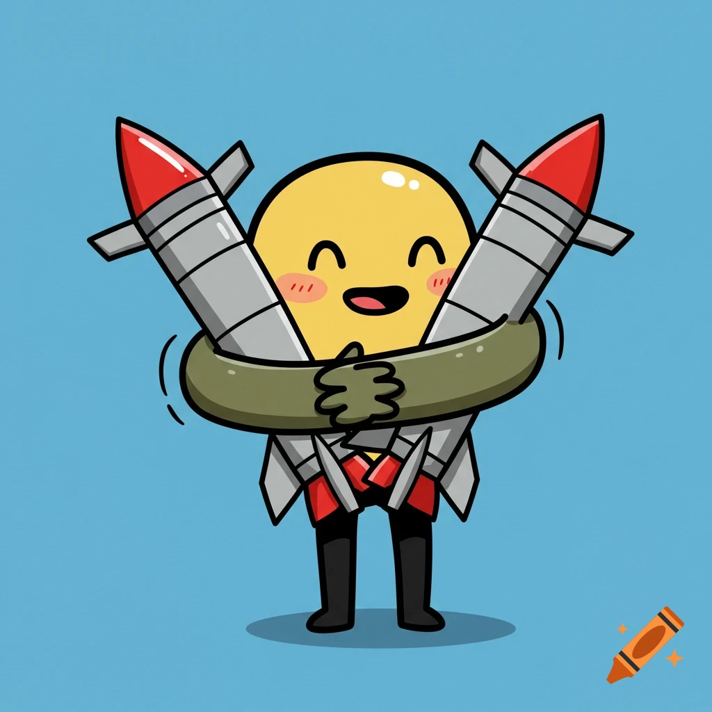 A cute yellow cartoon character hugs two large grey and red missiles on a blue background.