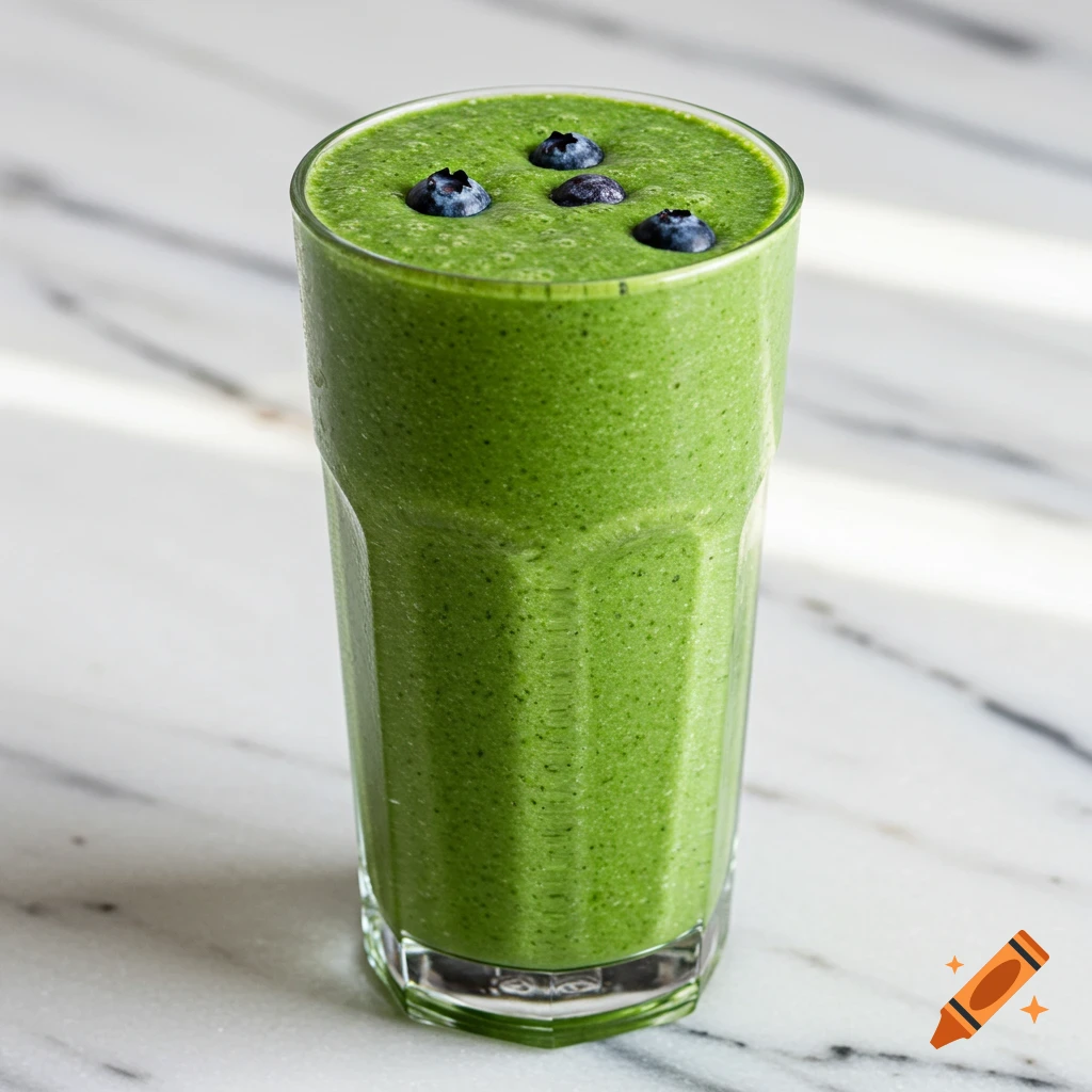 Green smoothie with blueberries in a glass on a marble surface.