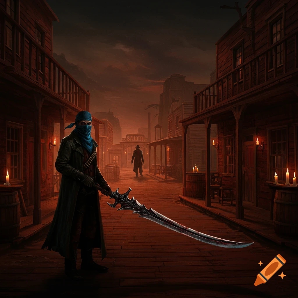 Figure with face covered by blue bandana holds a large sword in a dimly lit Western town street at dusk. Another figure stands in the distance.
