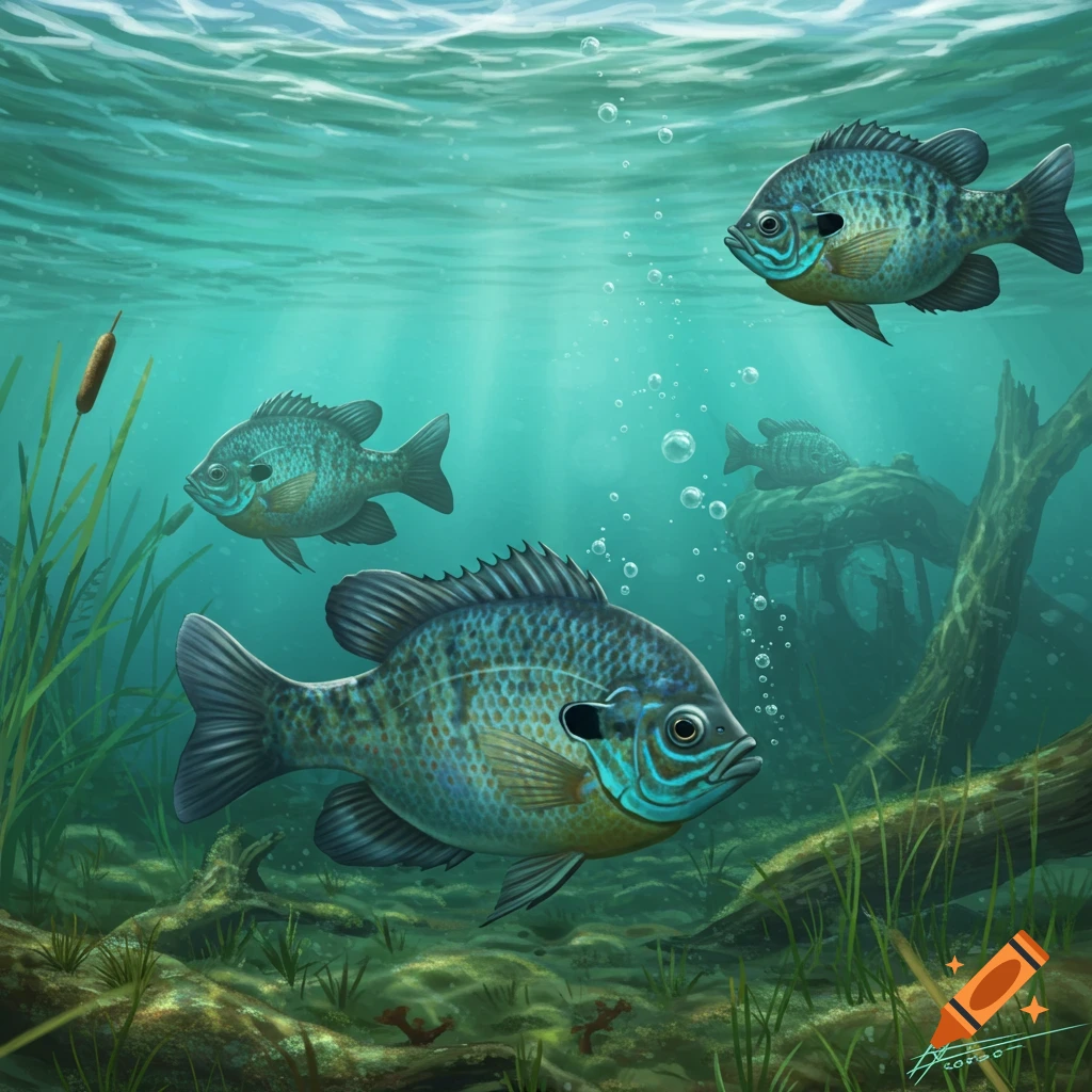 Illustration of bluegill fish swimming underwater with sunlight rays