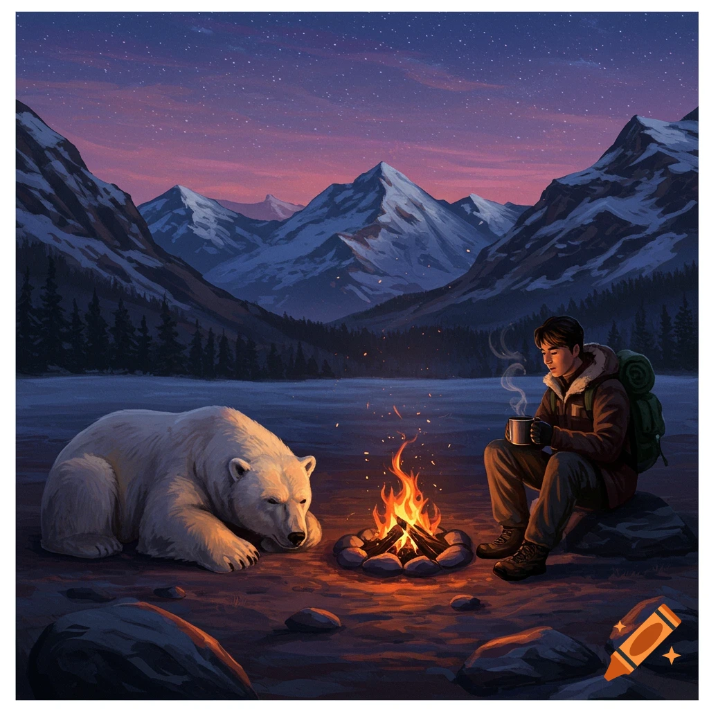 An Asian man and a polar bear sit by a campfire in a mountain valley under a starry night sky.