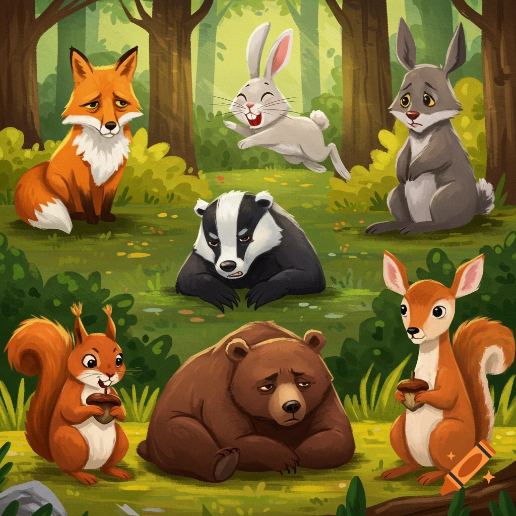 Illustration of woodland animals (fox, rabbits, badger, bear, squirrels) in a forest, showing various emotions.