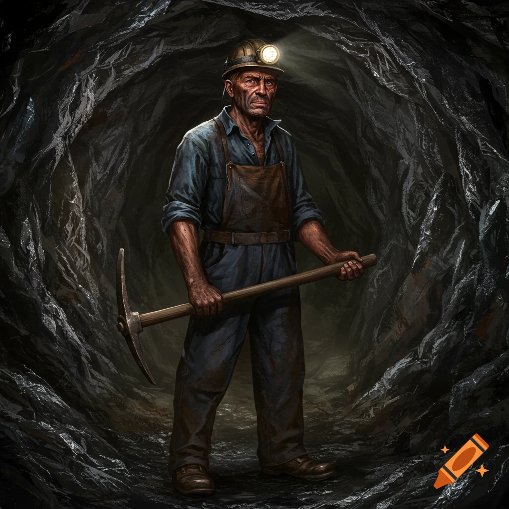A photorealistic image of a miner in a helmet and overalls, holding a pickaxe in a dark cave.