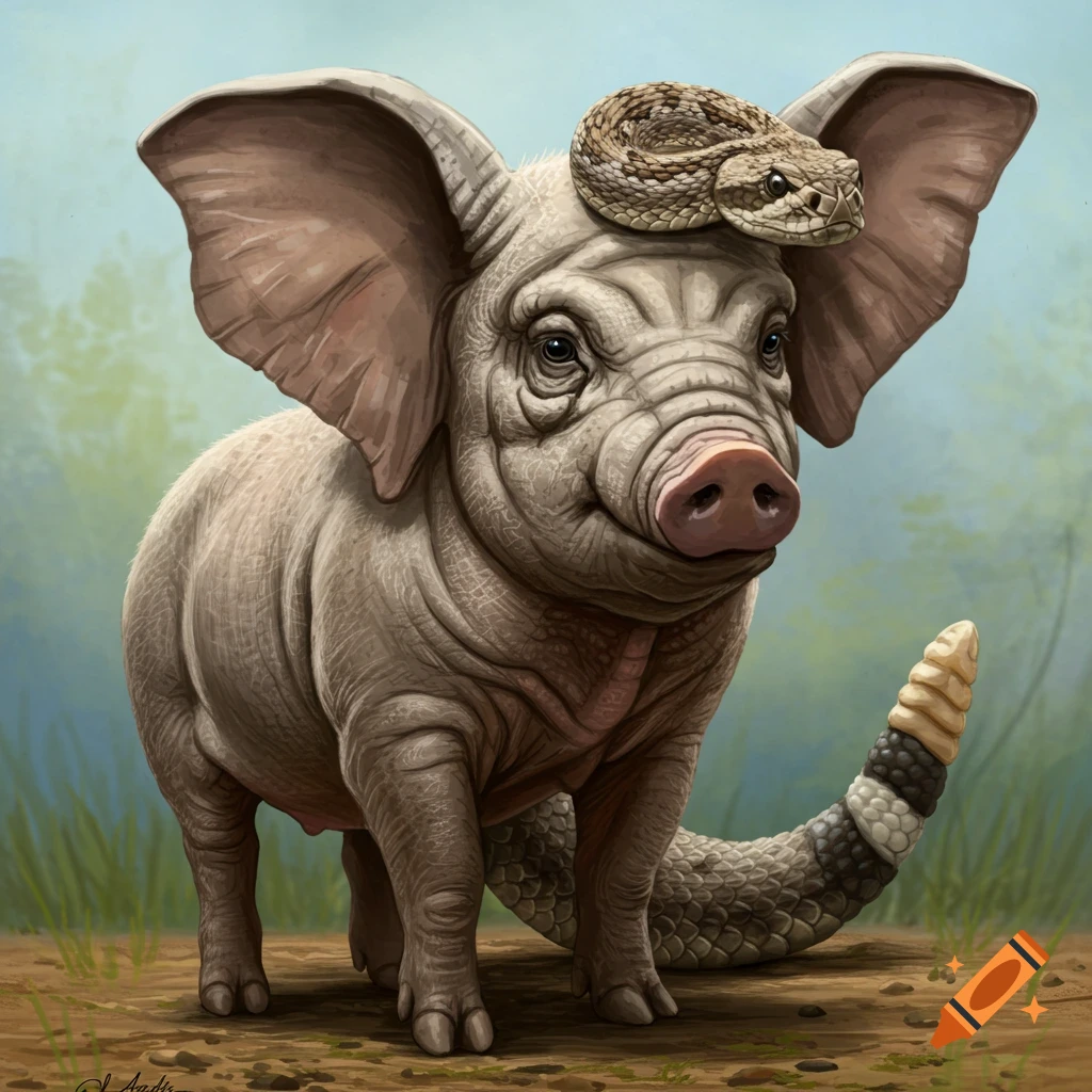 A fantasy creature, a hybrid of a pig, elephant, and rattlesnake, stands in a field.