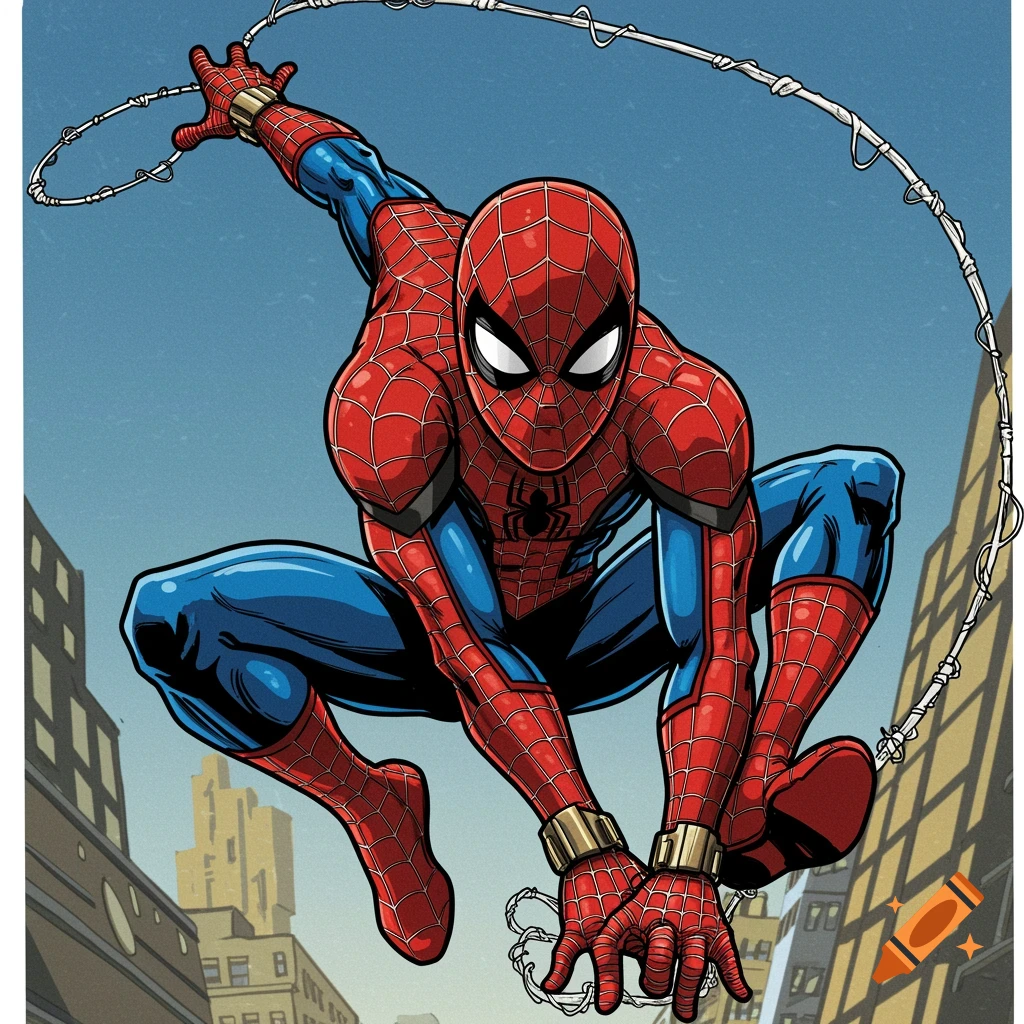 Spider-Man in a dynamic pose, jumping and shooting a web in a comic book art style.