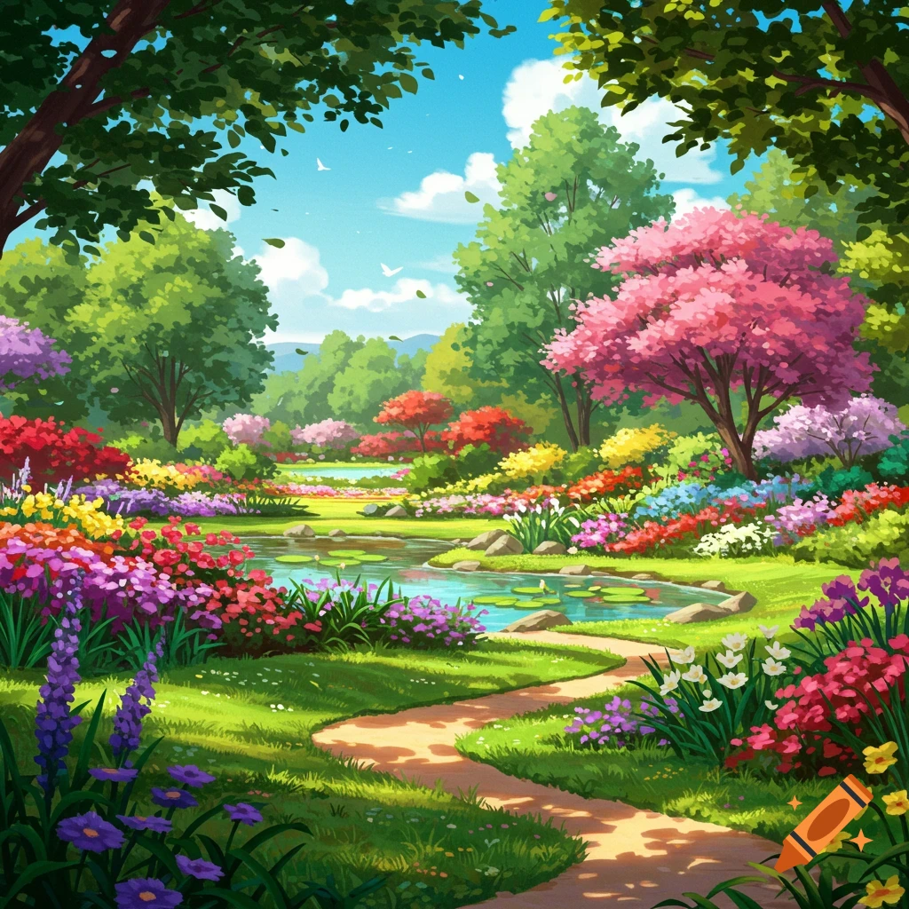 Anime style landscape, jungle, waterfall, flowers, sunset