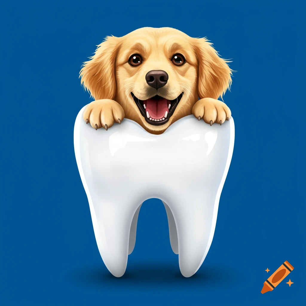Digital art illustration of a golden retriever dog face smiling and peering over a large white tooth against a blue background.