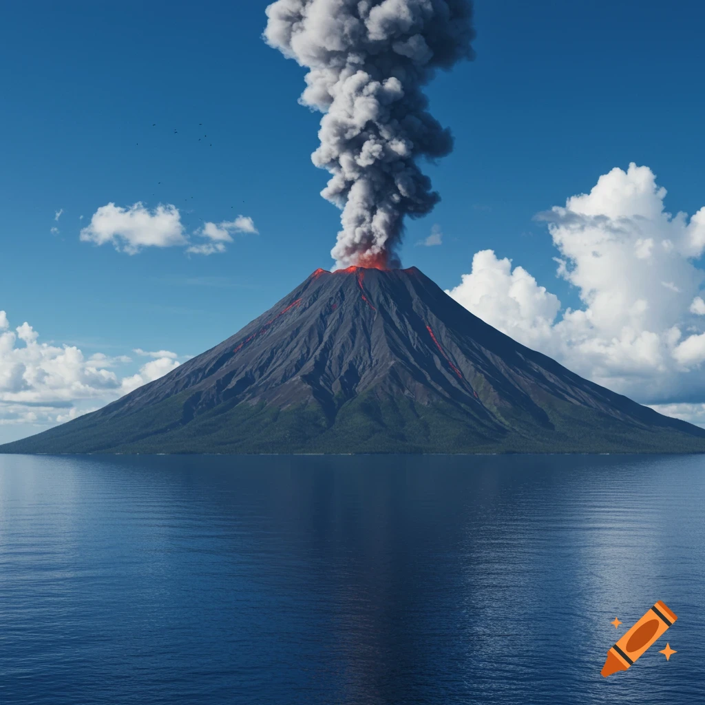 A large volcano erupting on an island in the ocean with smoke rising into a blue sky.