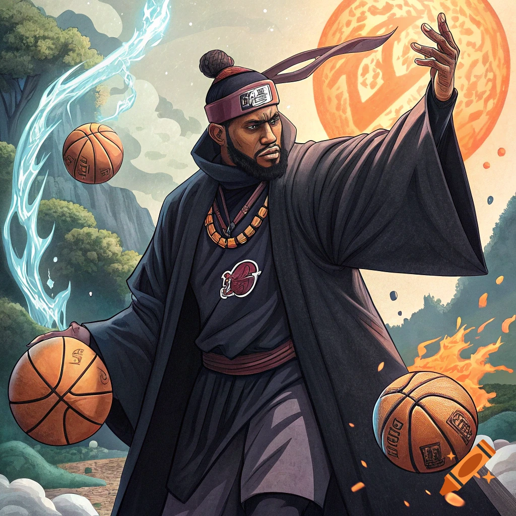 Illustration of LeBron James as an anime sorcerer with basketballs and magic effects.
