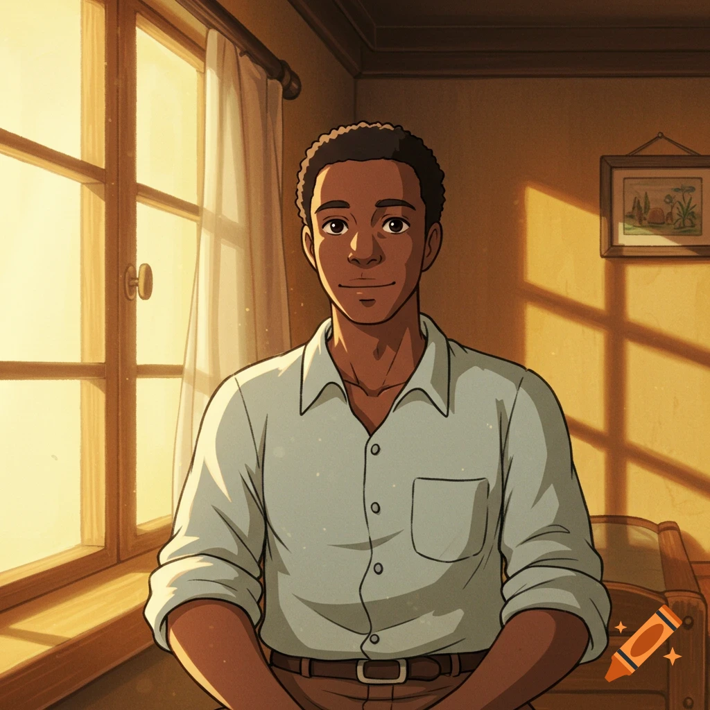Young Black man sits by a sunny window in Studio Ghibli anime style