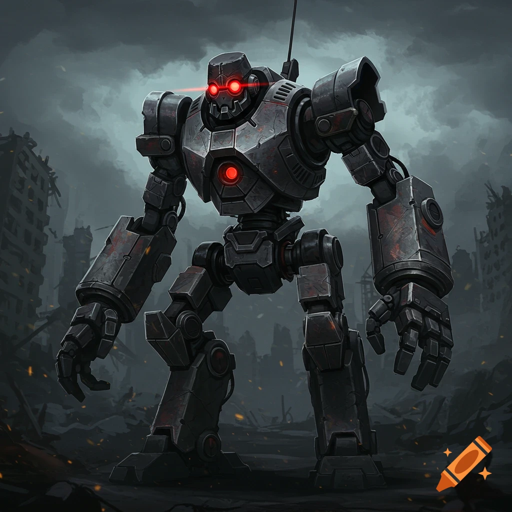 Large, menacing robot with glowing red eyes stands in a ruined city under a stormy sky.