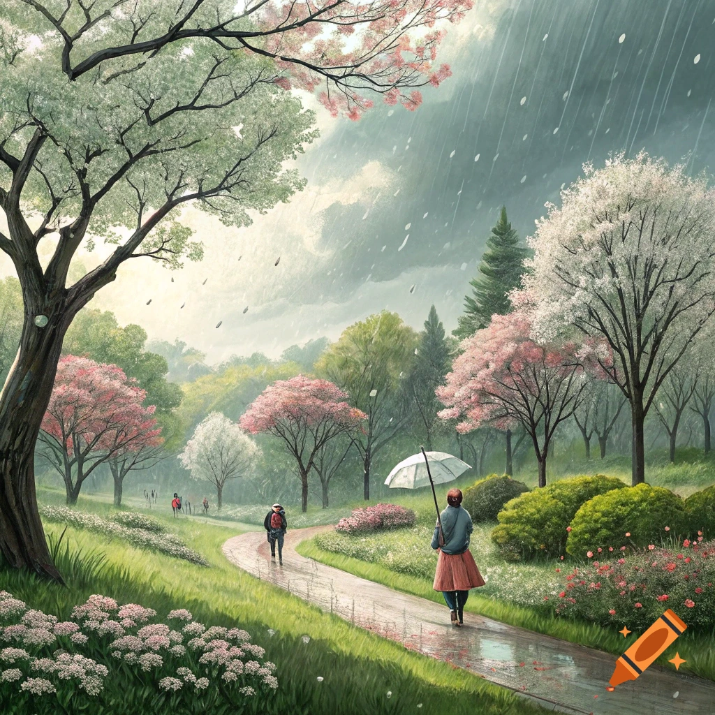 A rainy spring day in a park, with people walking along a path lined with cherry blossom trees.