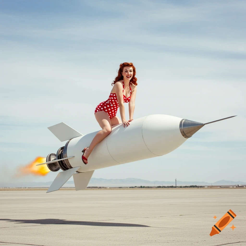 A pinup girl in a red polka dot swimsuit rides a white rocket on an airfield.