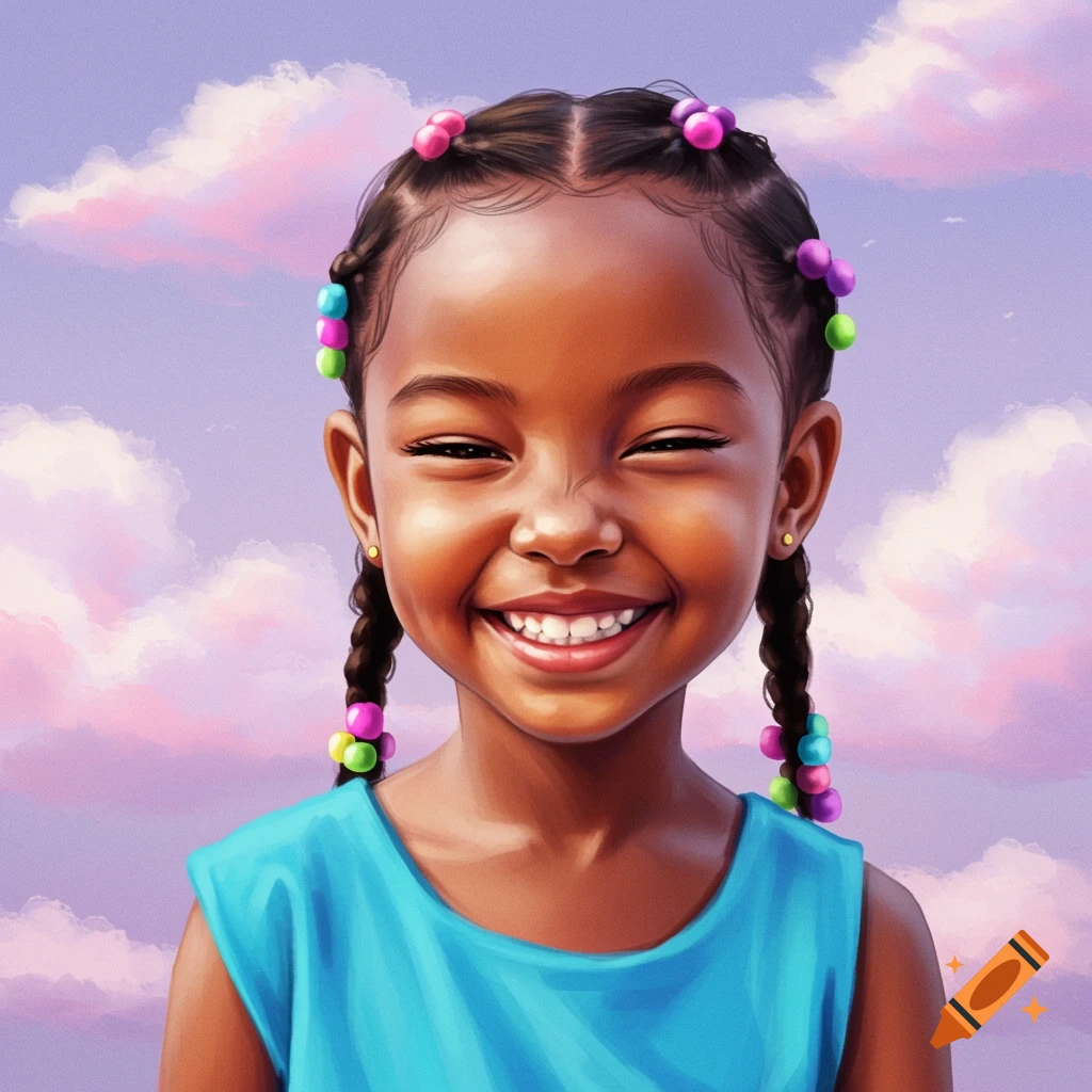 A portrait of a young girl smiling with braided hair and beads against a cloudy sky.