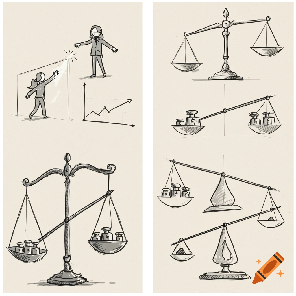 Rough sketches showing a person reaching a barrier, a chart, and multiple balance scales with weights.