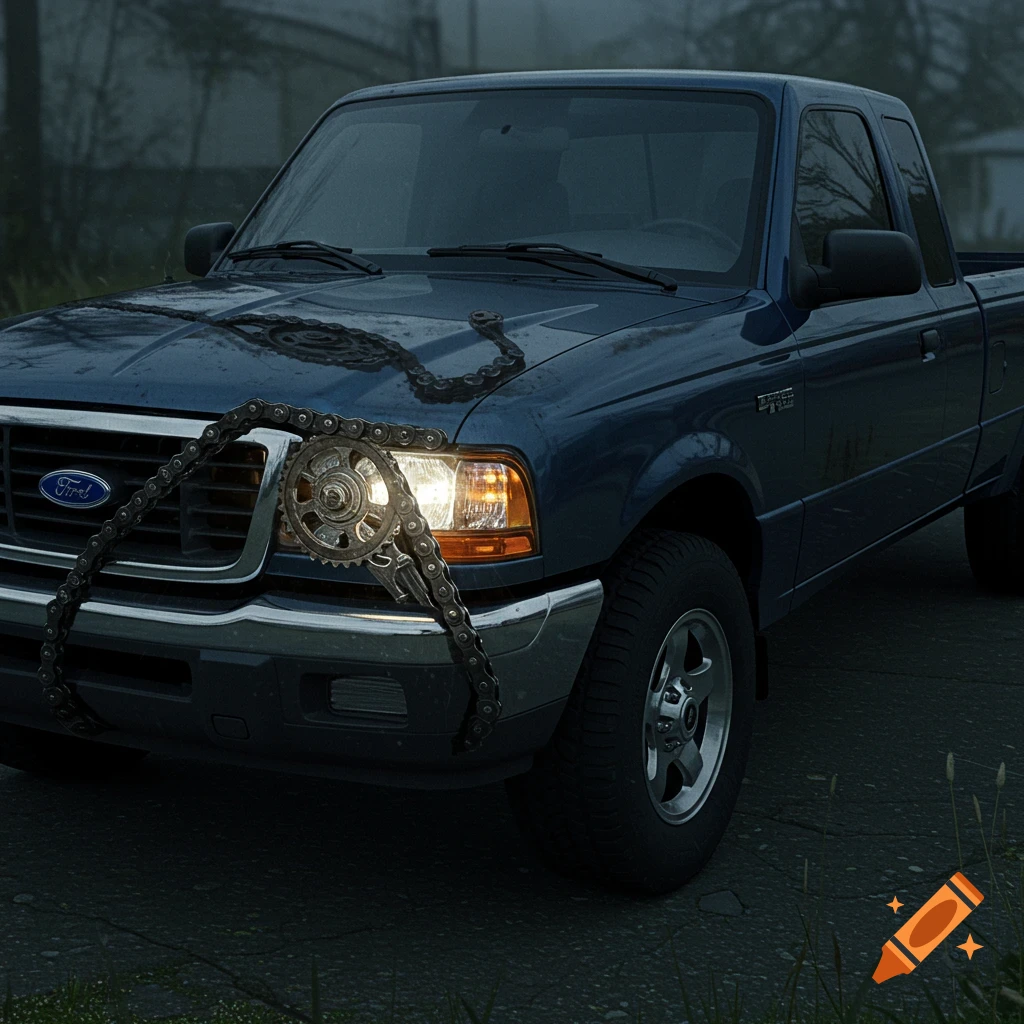 Blue Ford Ranger truck with a timing chain and gear over its headlight, photorealistic