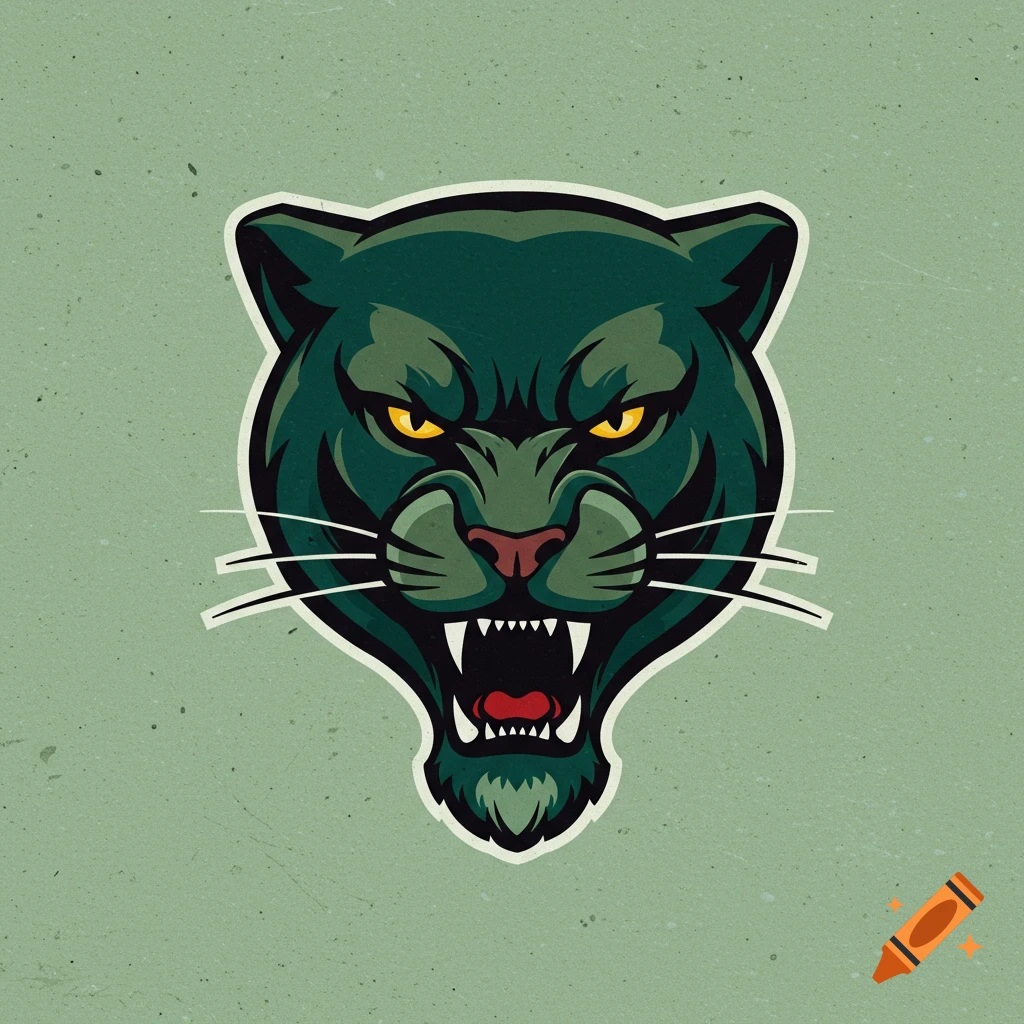 Stylized panther head logo with yellow eyes and open mouth, on a green background.