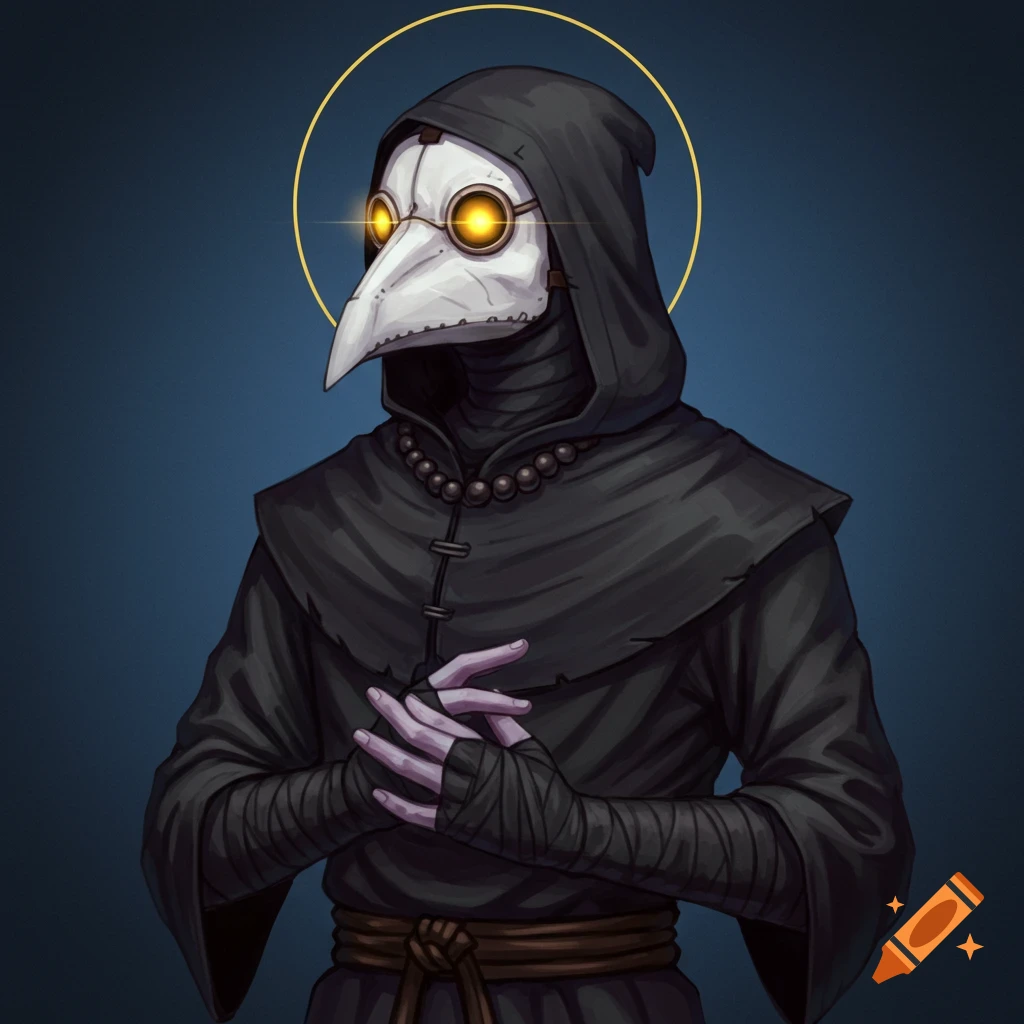 Stylized illustration of a plague doctor with glowing eyes and halo