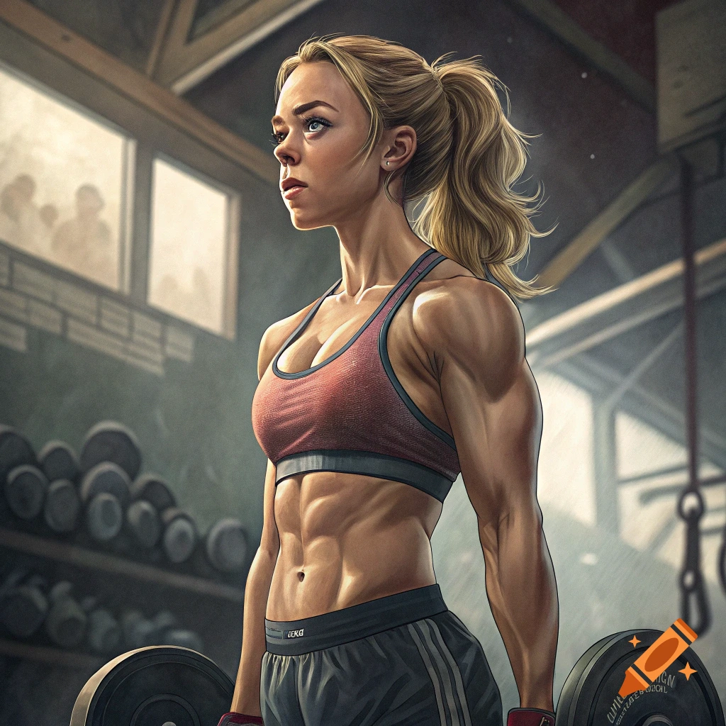 A muscular female bodybuilder stands in a gym, holding a barbell.