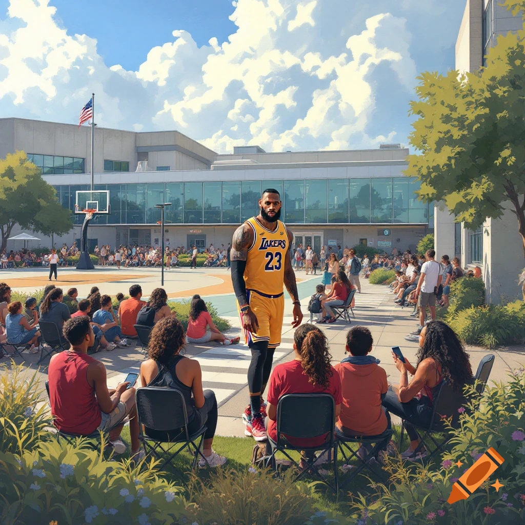 LeBron James in a Lakers jersey stands on a sidewalk near a basketball court where people are watching.