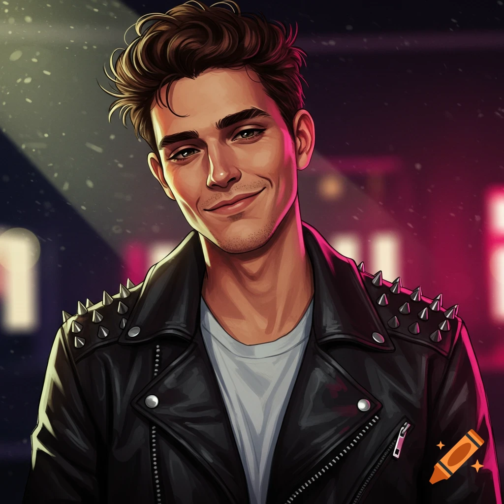 Stylized portrait of a man in a studded black leather jacket smiling with city lights in the background.