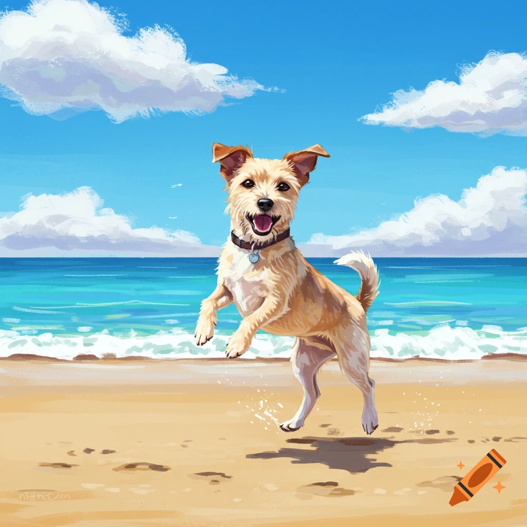 Happy brown dog jumps on a sandy beach with waves and clouds in an illustration style.