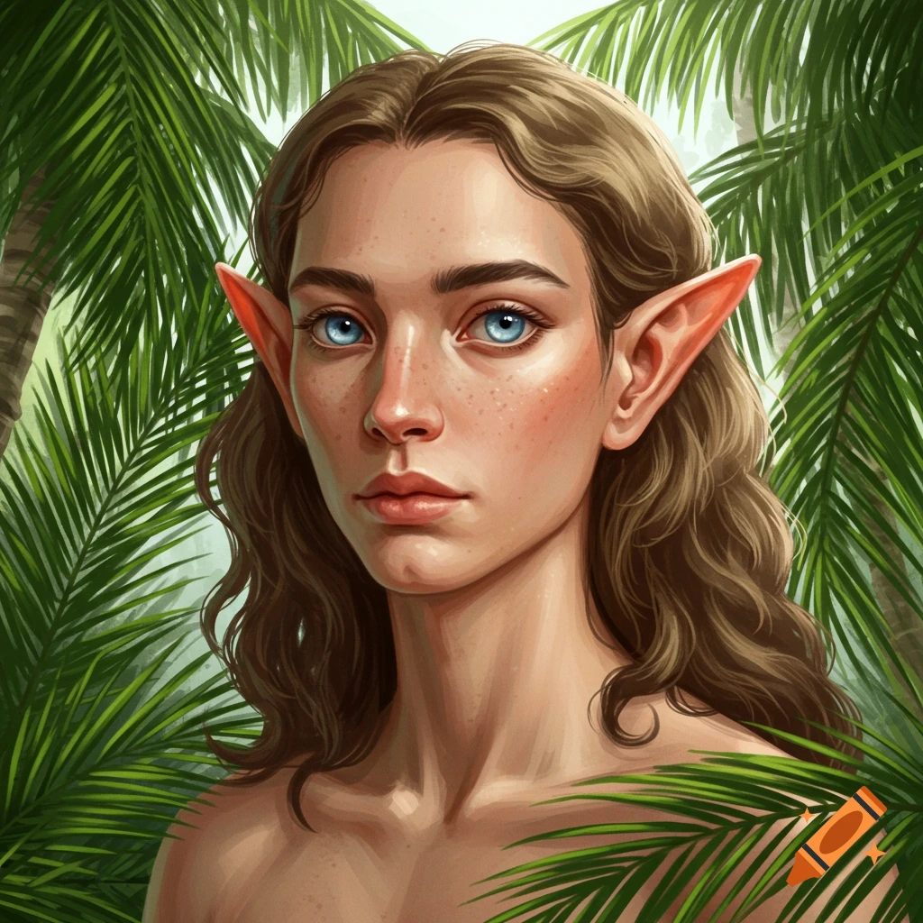 Portrait of a person with pointed ears and blue eyes, surrounded by green palm leaves. Digital art.
